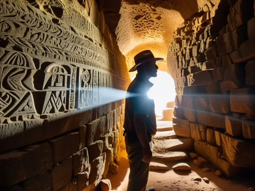 Exploración en túneles históricos: un especialista en sombras ilumina un antiguo túnel, revelando símbolos y carvings en las paredes de piedra áspera