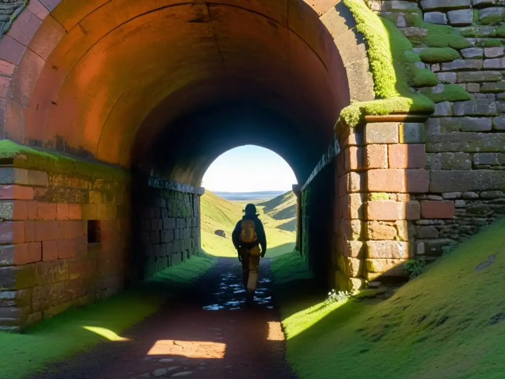 Exploración en conservación de túneles históricos: figura solitaria contempla el misterio del antiguo pasadizo iluminado por la luz filtrada