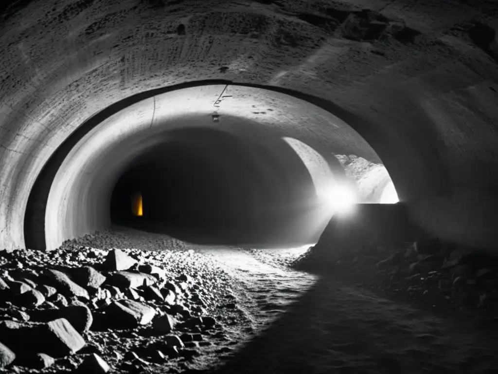 Exploración de túneles históricos en una foto en blanco y negro que captura la atmósfera misteriosa y emocionante de un antiguo túnel subterráneo iluminado por antorchas