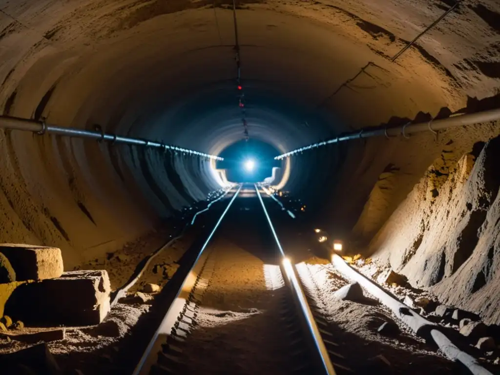 Invertir en exploración de túneles históricos: Grupo de exploradores con linternas en un túnel subterráneo lleno de herramientas y equipos de excavación históricos, con luz tenue filtrándose desde la superficie