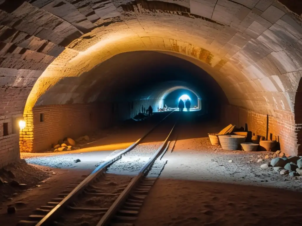 Exploración de túneles históricos: Grupo de exploradores con linternas en túnel subterráneo, rodeados de antigüedades y misterio