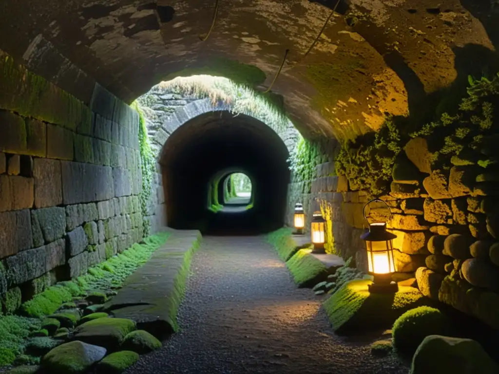 Exploración en túneles históricos: Interior de un antiguo túnel iluminado por linternas, con muros de piedra y musgo