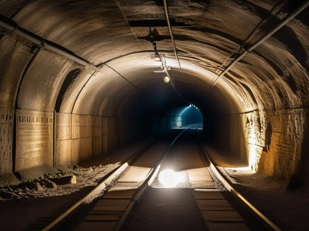 Exploración en túneles históricos: Intrigante imagen de un túnel subterráneo iluminado tenue, revelando enigmáticas marcas y pasadizos ocultos