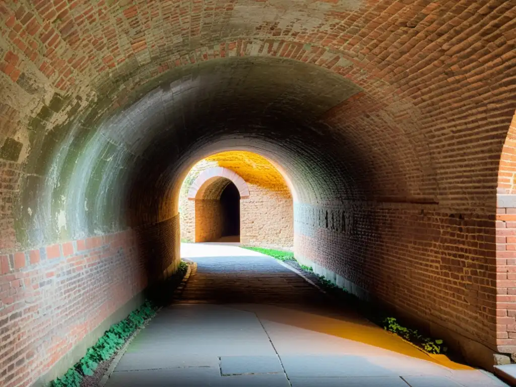 Exploración de túneles históricos: Intrincado ladrillo y arcos iluminados por luz natural, resaltando la textura y la belleza del antiguo pasadizo