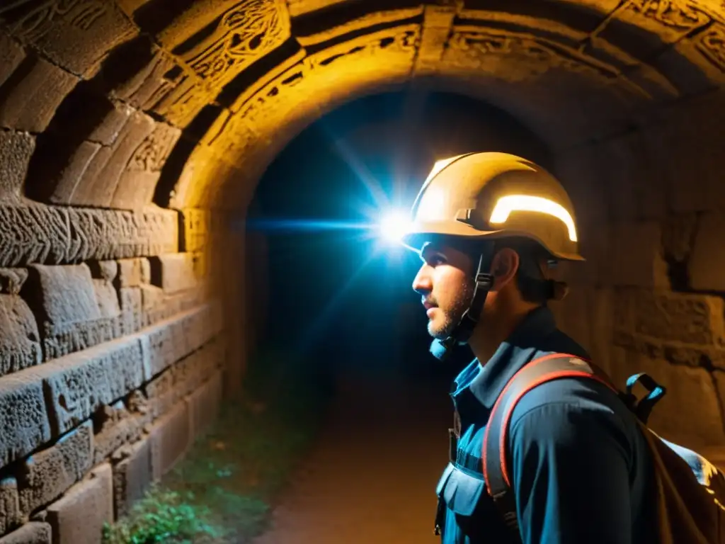 Exploración en túneles históricos con luz de casco revelando secretos ancestrales