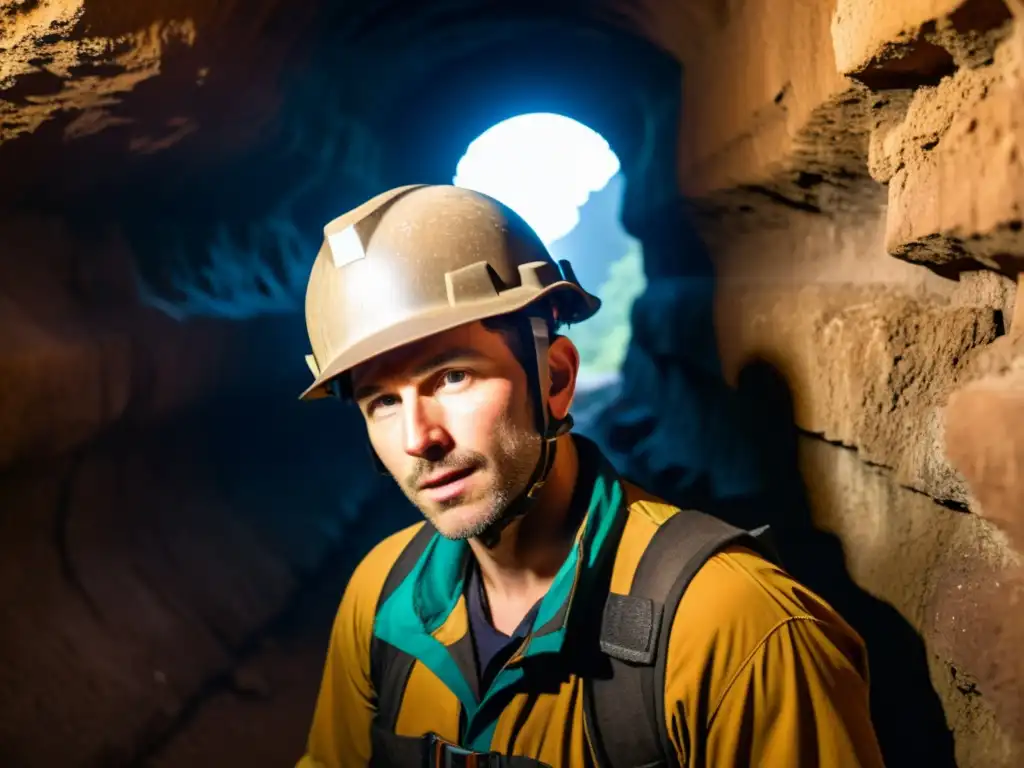 Exploración de túneles históricos con luz de casco, revelando la belleza y el peligro de lo desconocido