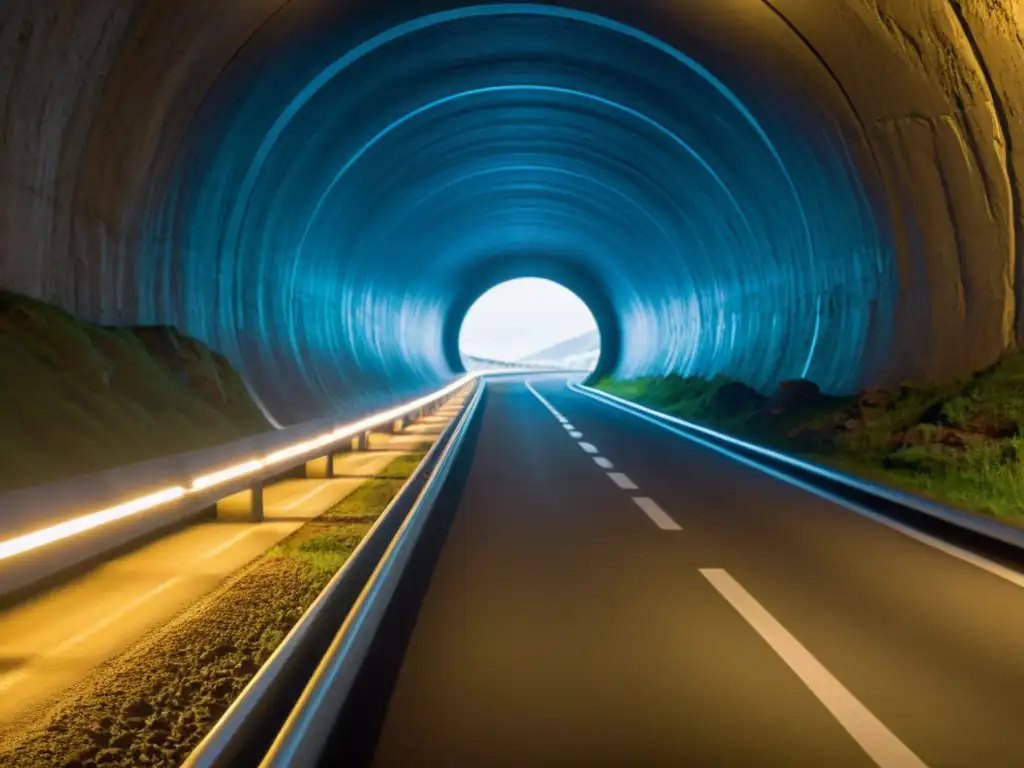 Exploración de túneles históricos en Noruega: vista intrigante del interior del túnel Laerdal, con luces suaves y atmósfera misteriosa