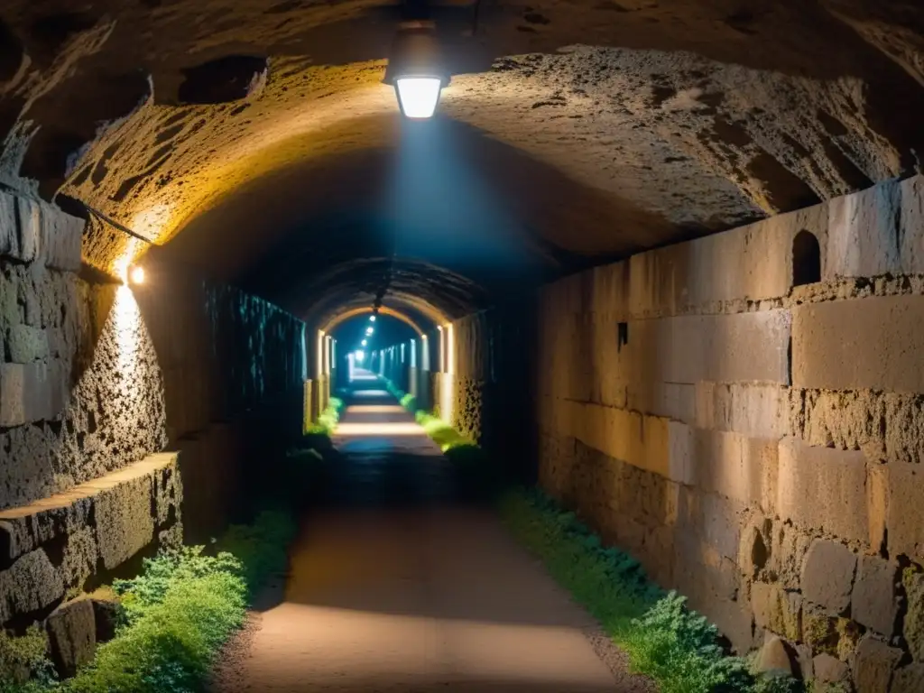 Exploración de túneles históricos de la Segunda Guerra con atmósfera misteriosa y lúgubre, iluminada por una tenue linterna