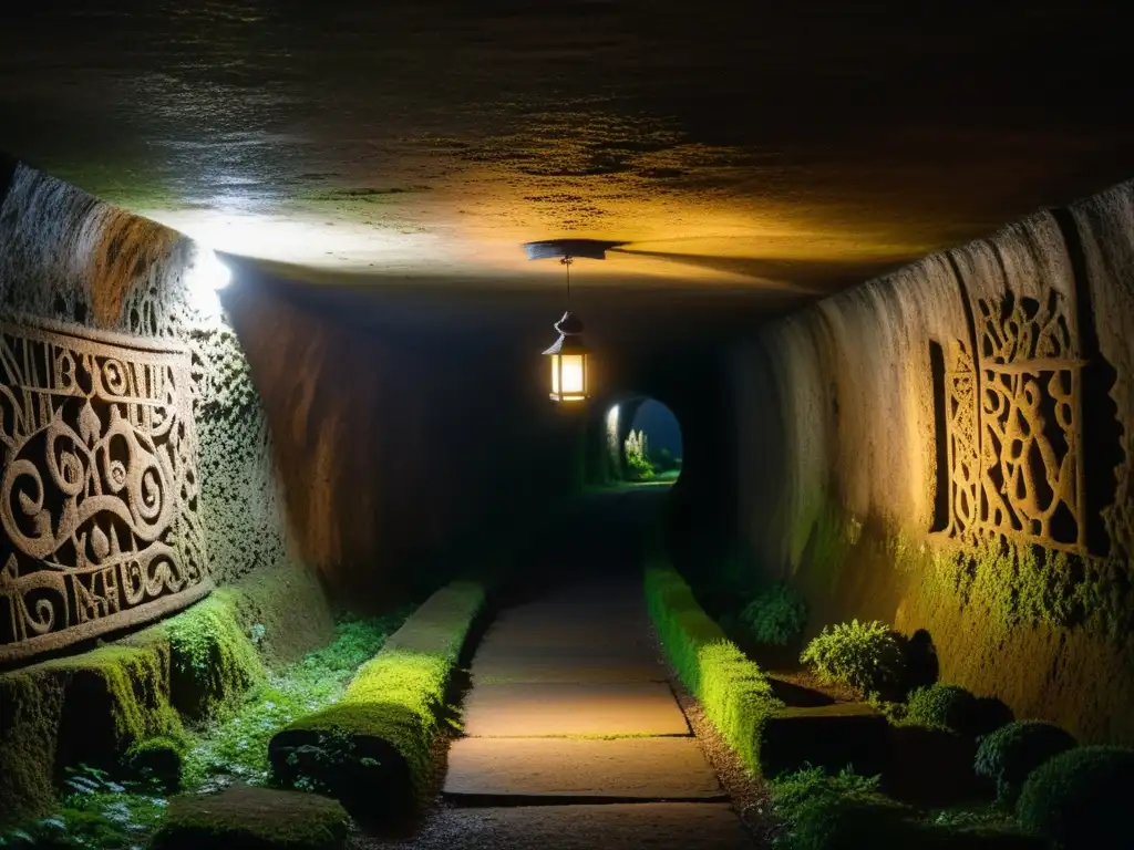 Exploración en túneles históricos: un sendero estrecho se adentra en la oscuridad de un túnel subterráneo, iluminado por una tenue luz de una vieja linterna