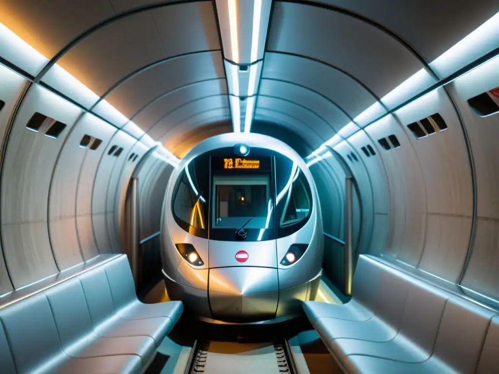 Exploración de túneles históricos subterráneos: Futurista tren plateado se desliza por túnel, fusionando tecnología y tradición en Dubai