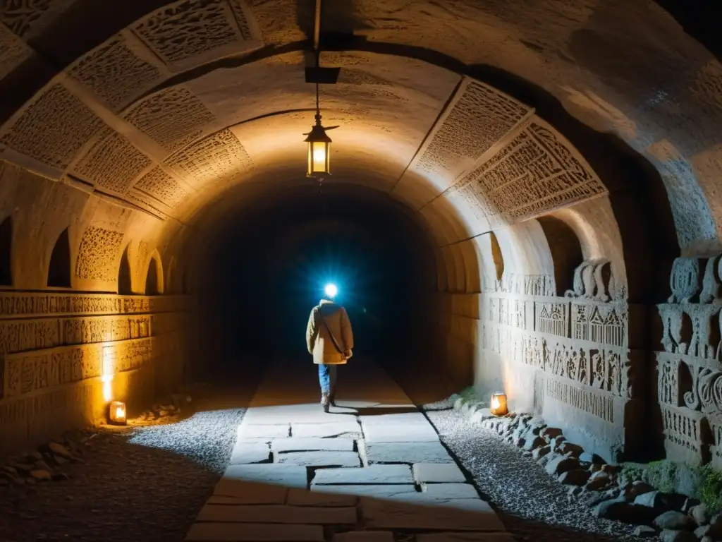 Exploración en túneles históricos con mapeo 3D, figura explorando en la tenue luz de un antiguo túnel subterráneo