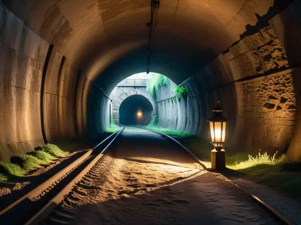 Exploración en túneles históricos de Suiza: Un túnel subterráneo iluminado por una linterna, con vías de tren y arcos de piedra