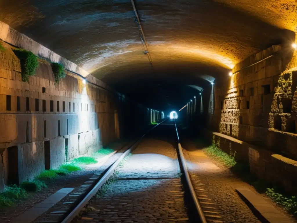 Exploración de túneles subterráneos en Roma: antigua arquitectura y misteriosa atmósfera en un túnel subterráneo iluminado tenue en Roma, con sombras dramáticas y vestigios de historia en las paredes