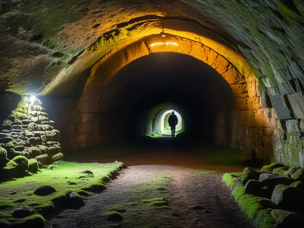 Exploración de túneles subterráneos en una atmósfera misteriosa y antigua, evocando novelas subterráneas históricas mundo