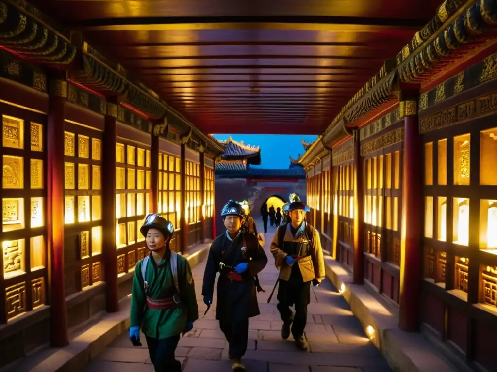 Exploración de túneles subterráneos en la Ciudad Prohibida: exploradores descubriendo antiguas inscripciones en la penumbra