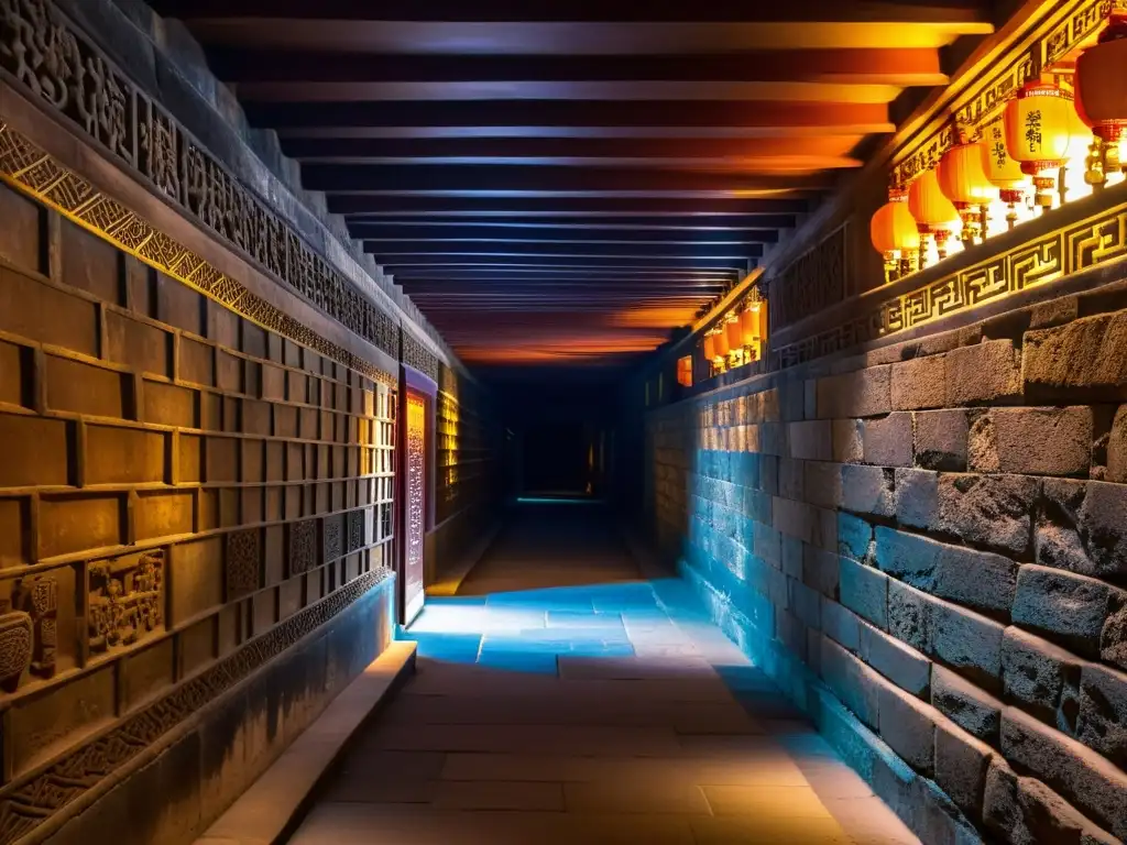 Exploración de túneles subterráneos en la Ciudad Prohibida de China, con intrincadas esculturas de piedra y pasajes oscuros