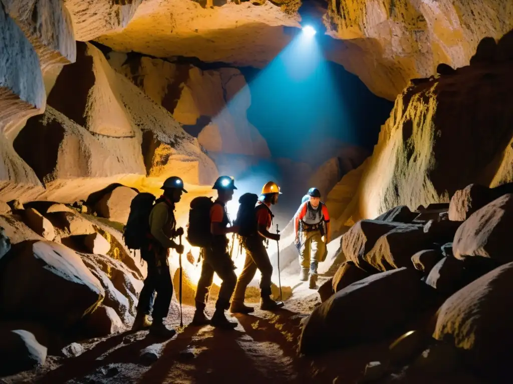 Exploración de túneles subterráneos históricos: Grupo de espeleólogos explorando una estrecha caverna con sus linternas iluminando las rocas