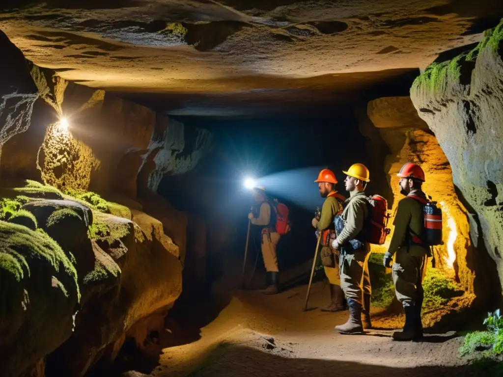 Exploración de túneles subterráneos históricos: Equipo de espeleólogos con linternas y herramientas especiales explorando un antiguo túnel subterráneo