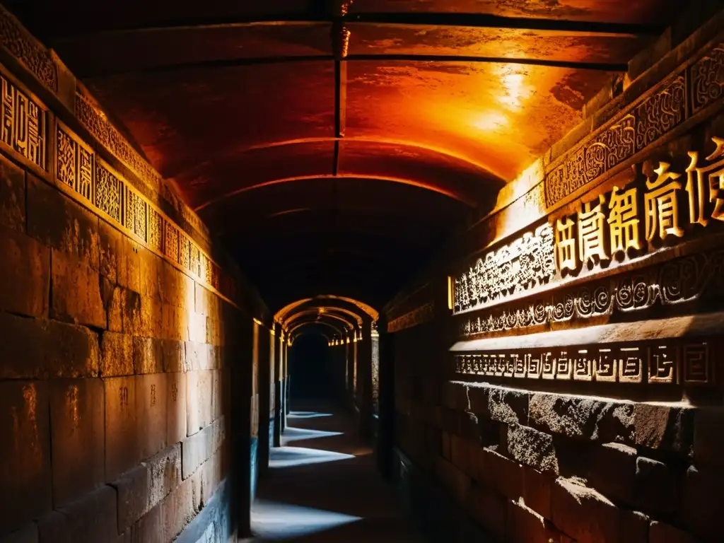 Exploración de túneles subterráneos en la misteriosa Ciudad Prohibida, con antiguas inscripciones y un tenue resplandor en las antorchas