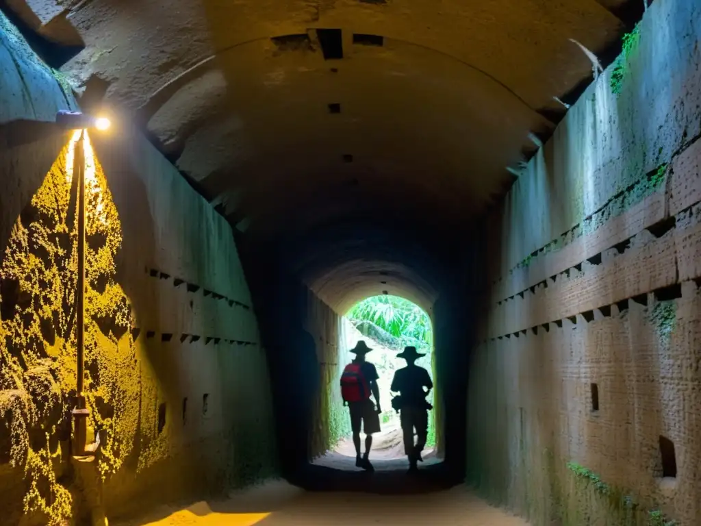 Exploración de turistas en los oscuros túneles del laberinto túneles Vietcong Cu Chi, con expresiones de asombro y respeto