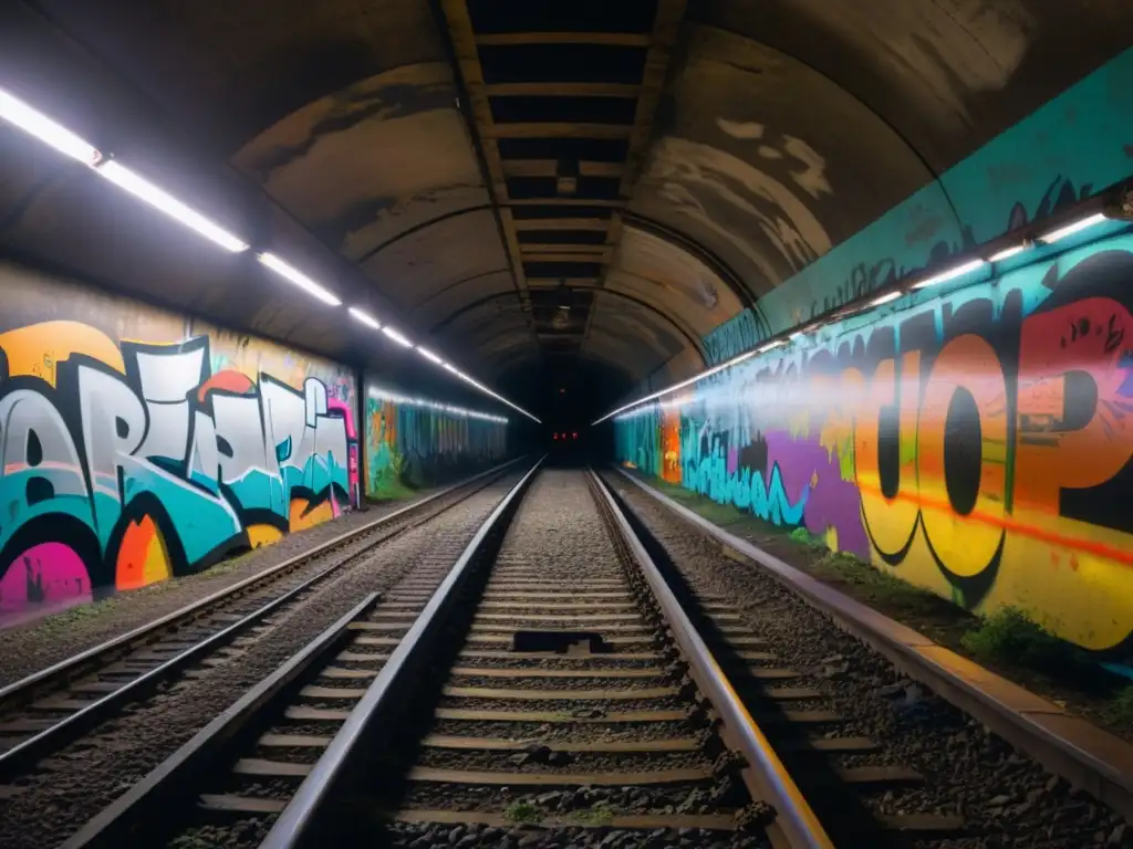 Exploración urbana en maravillas subterráneas: túnel subterráneo con grafitis y murales coloridos, vías de tren abandonadas y una luz tenue al final