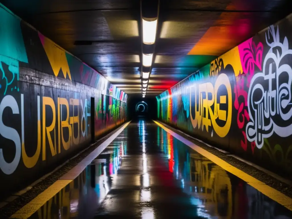 Exploración urbana entre maravillas subterráneas: un túnel oscuro con intrincado graffiti que revela un laberinto de arte urbano colorido