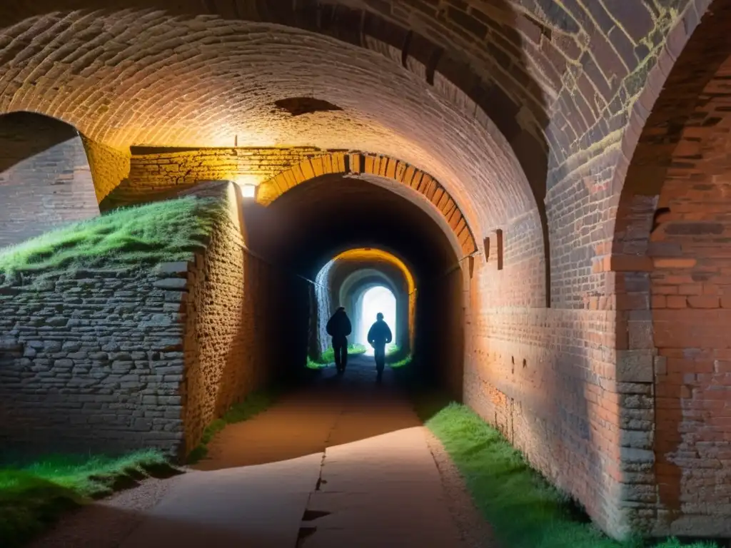 Exploración urbana en una maravillosa red de túneles subterráneos, con ladrillos antiguos y arcos, iluminados por tenues haces de luz