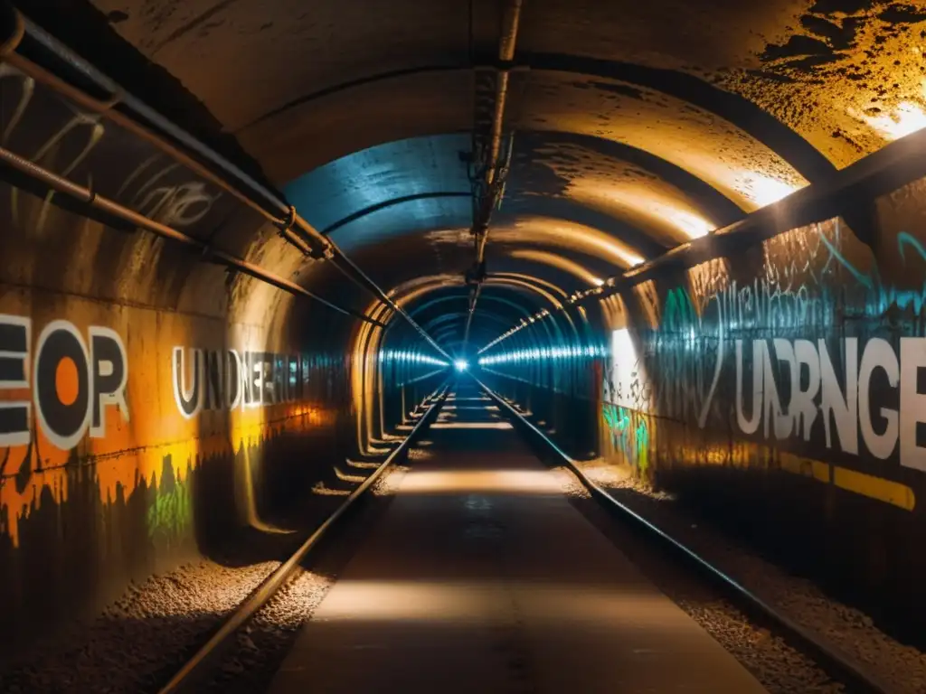 Exploración urbana en túneles subterráneos: misterioso túnel subterráneo con graffiti y luz filtrada, creando una atmósfera intrigante