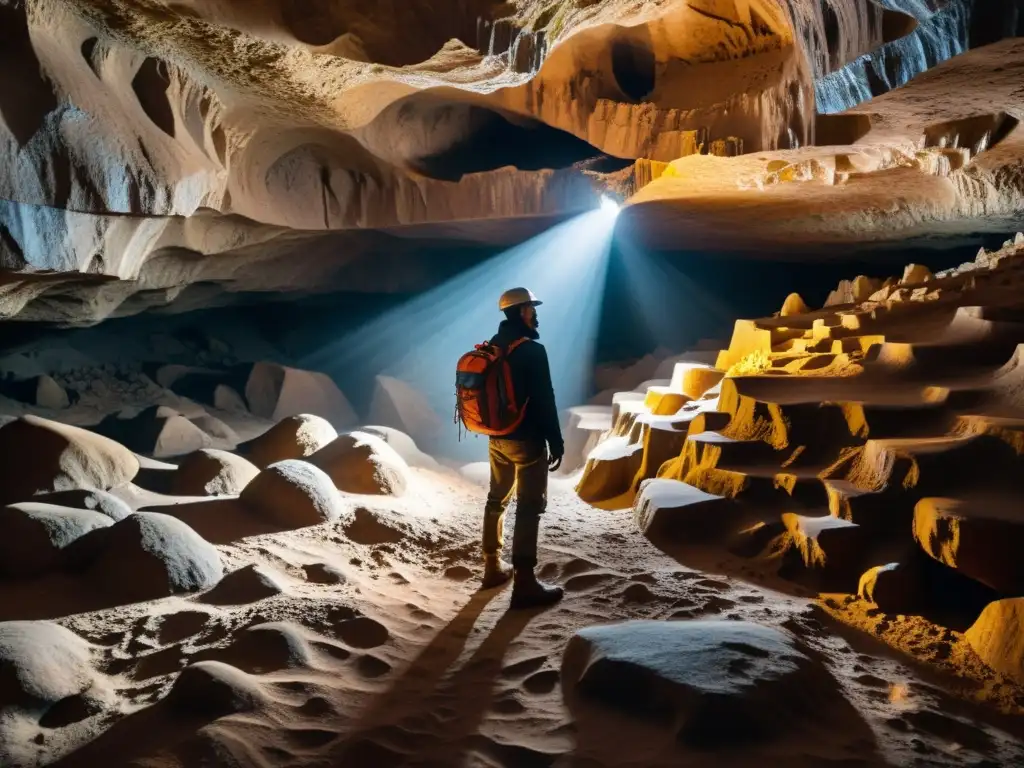 Exploración visual de las texturas y formaciones únicas en una cueva subterránea, resaltando la profundidad y misterio del entorno