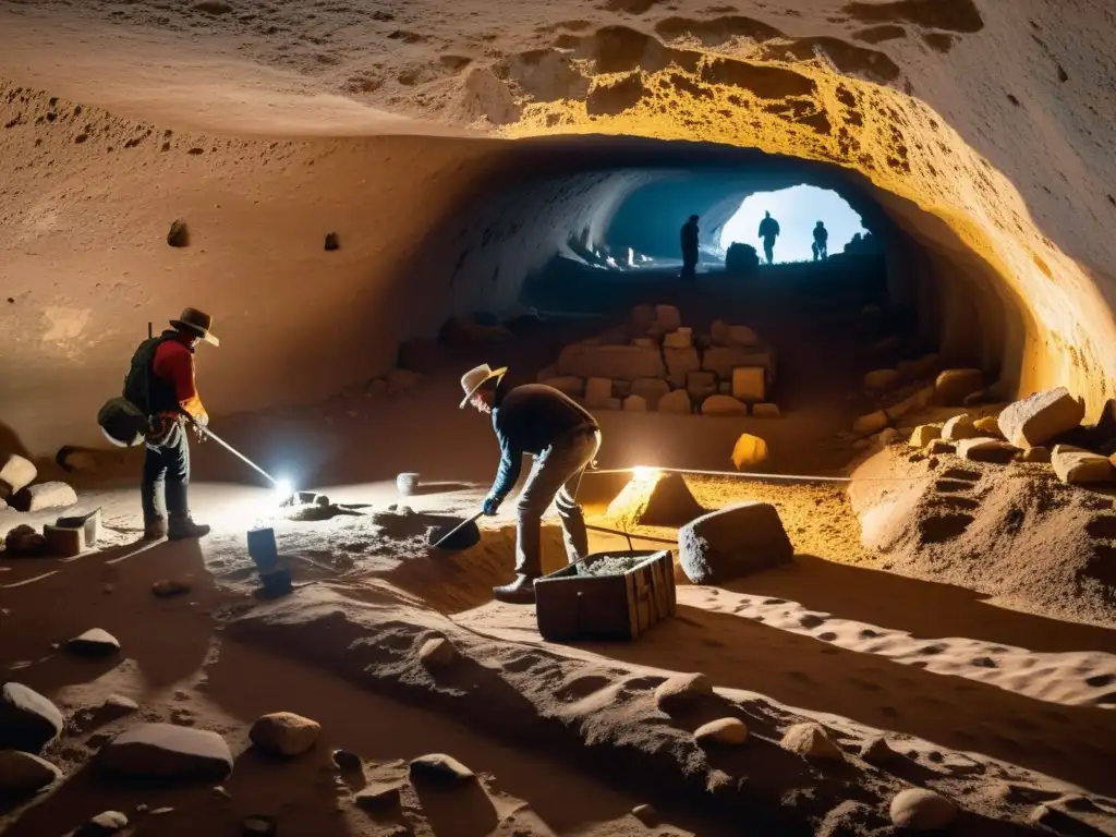 Exploraciones arqueológicas subterráneas fascinantes: equipo descubre ruinas y artefactos antiguos bajo dramática iluminación