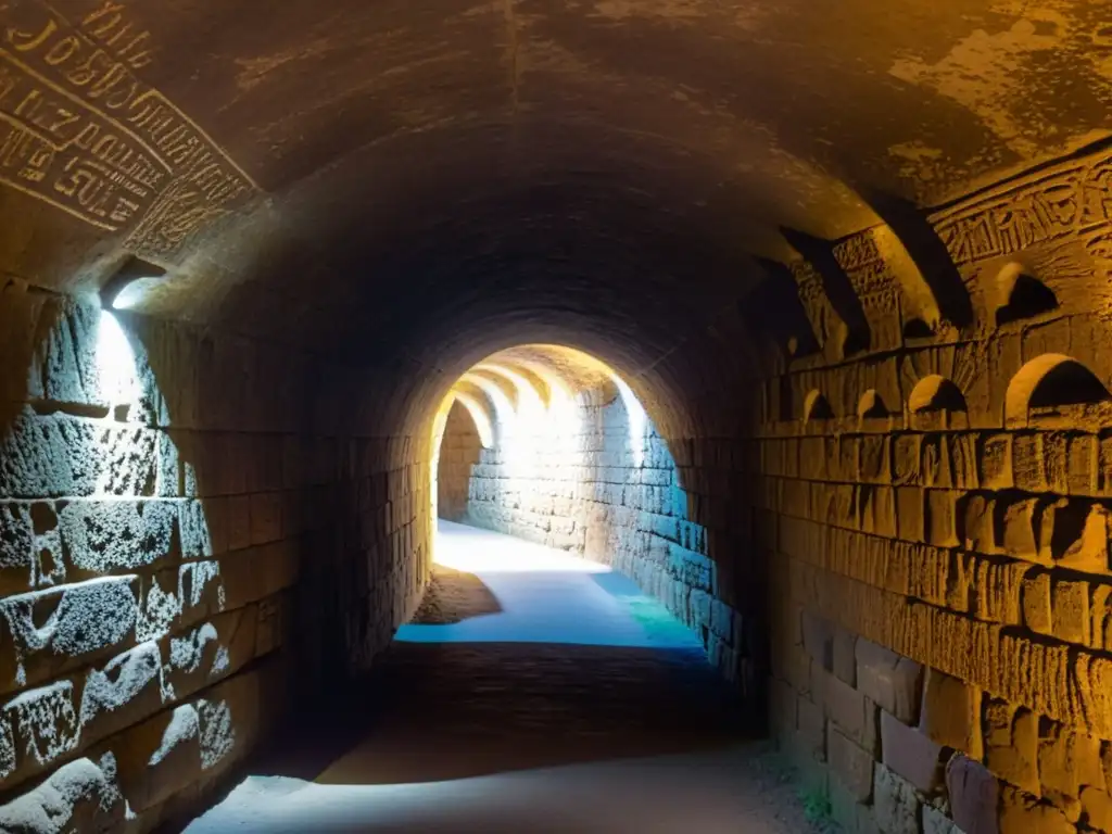 Exploraciones arqueológicas subterráneas fascinantes en un antiguo túnel iluminado por una suave luz, con paredes de piedra tallada y arcos