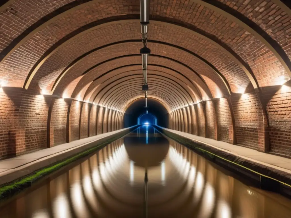 Exploraciones subterráneas con manejo de inundaciones: túnel histórico con arquitectura de ladrillo y tecnología moderna