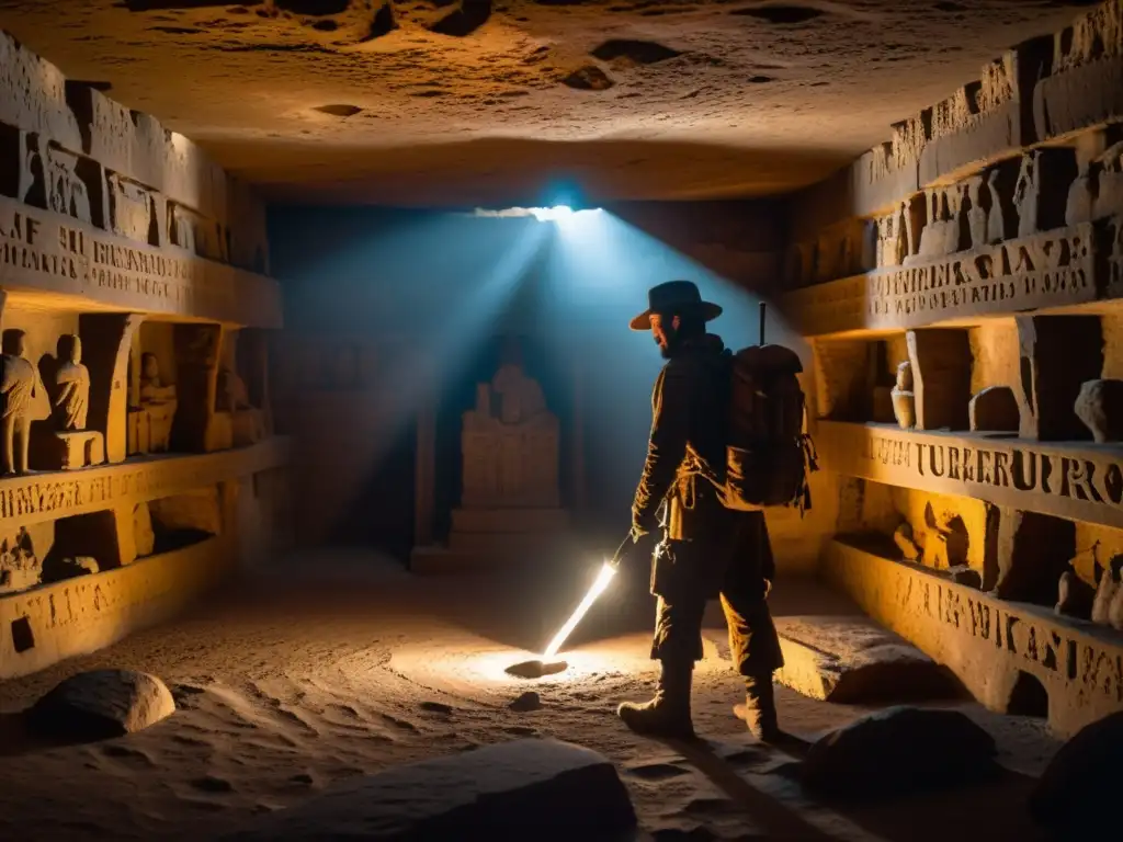 Explorador con antorcha en misteriosa catacumba iluminada por un rayo de luz