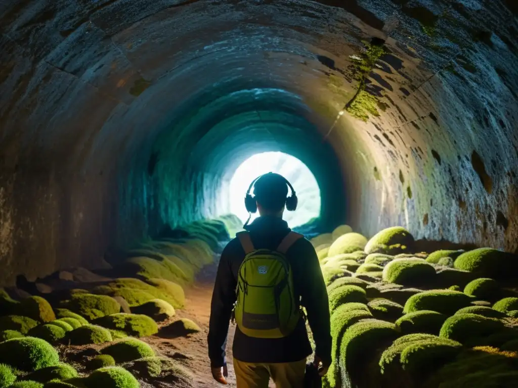 Explorador con aplicaciones de realidad aumentada en túneles históricos, descubriendo un mundo subterráneo misterioso