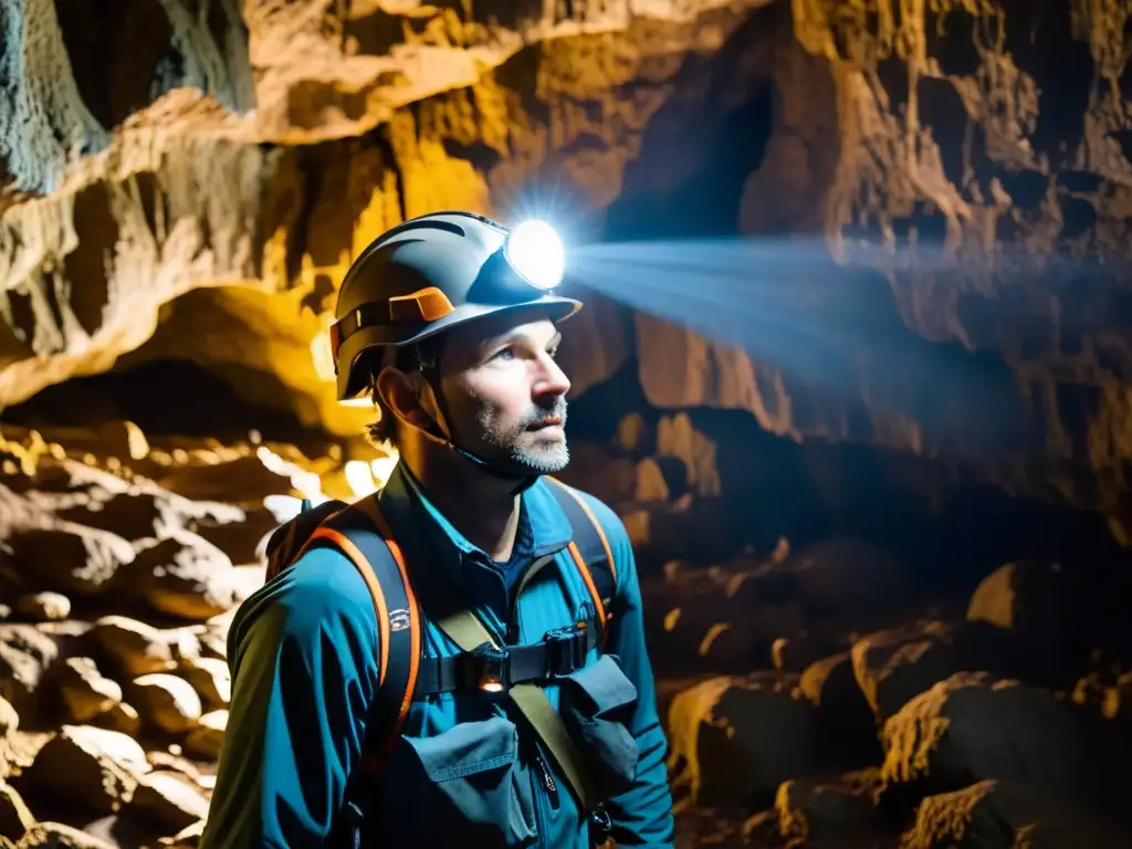 Explorador capturando la belleza subterránea con cámaras adaptadas en una cueva de piedra caliza