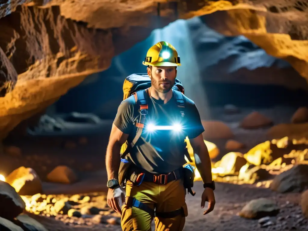 Explorador con arnés y cinturón, iluminado por lámpara, en cueva subterránea