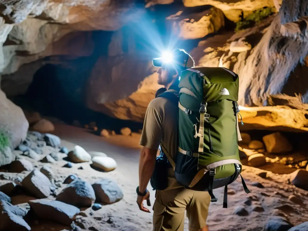 Explorador en cueva con mochila resistente y equipo fotográfico seguro