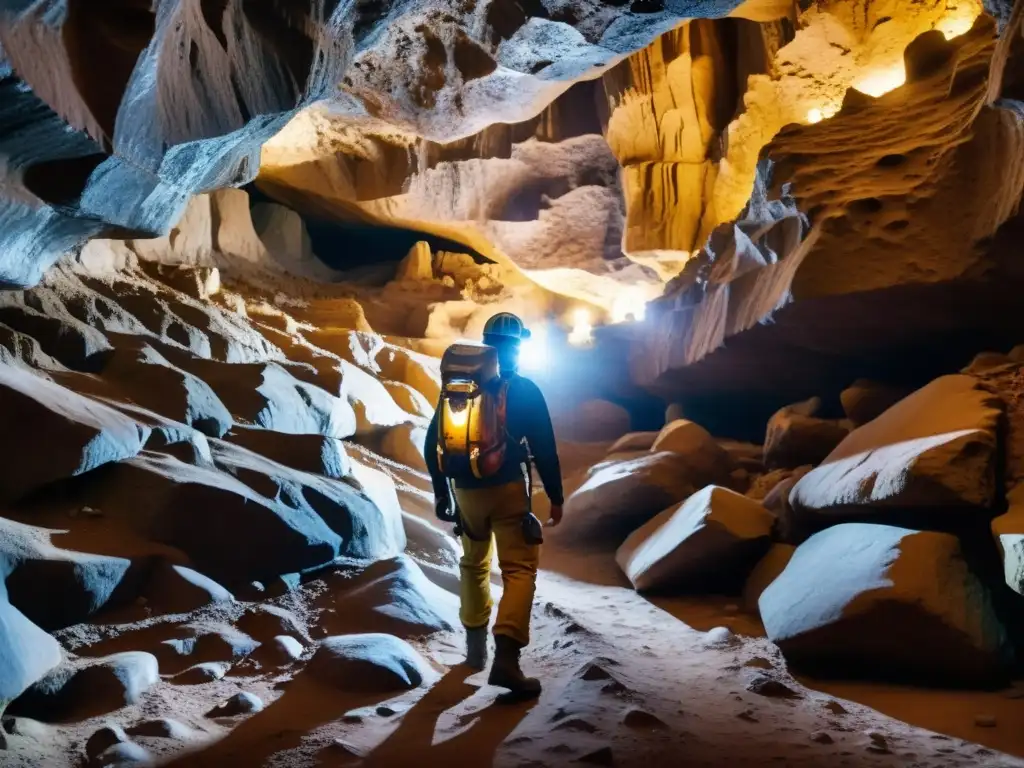 Explorador en cueva subterránea con formaciones rocosas y minerales brillantes