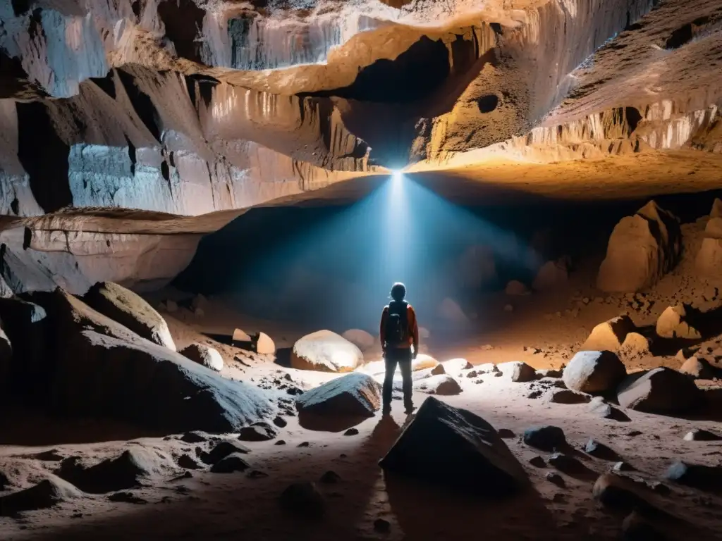 Explorador iluminando cueva subterránea con linterna