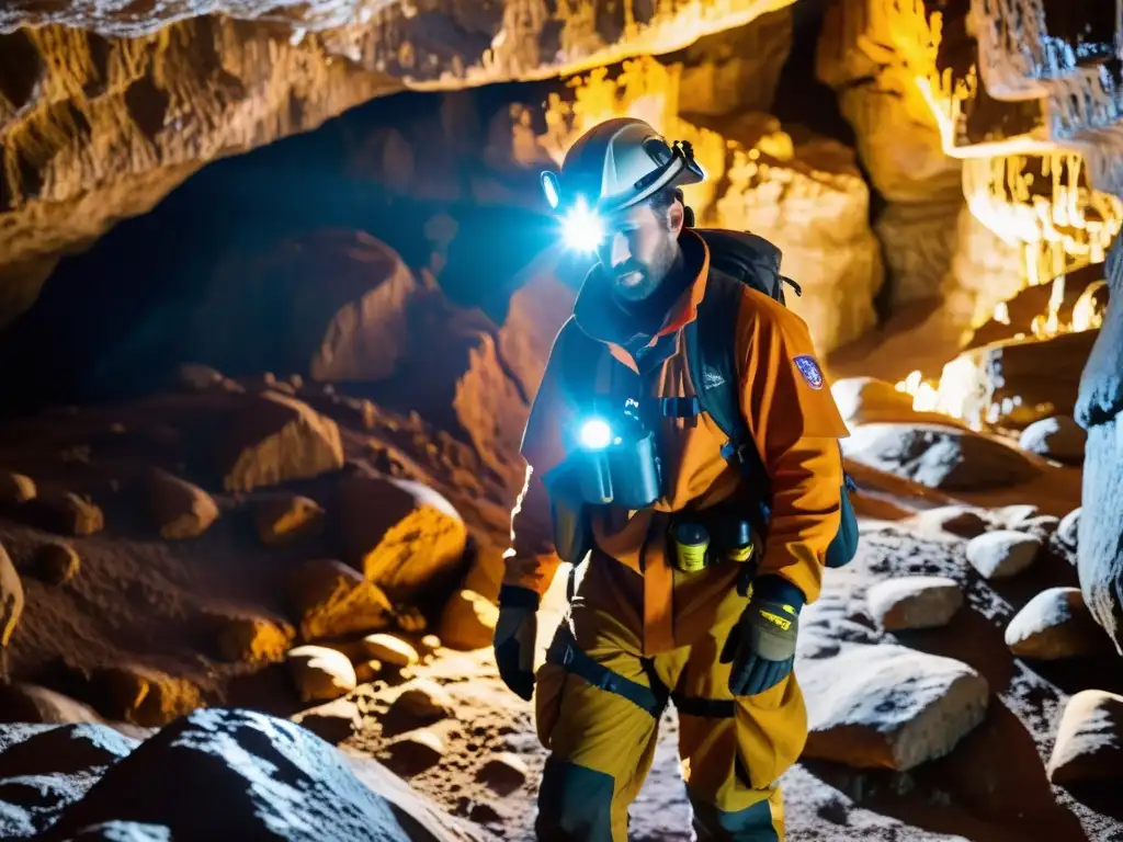 Explorador en cueva con vestimenta para exploración subterránea, iluminando rocas y ambiente subterráneo con linterna frontal