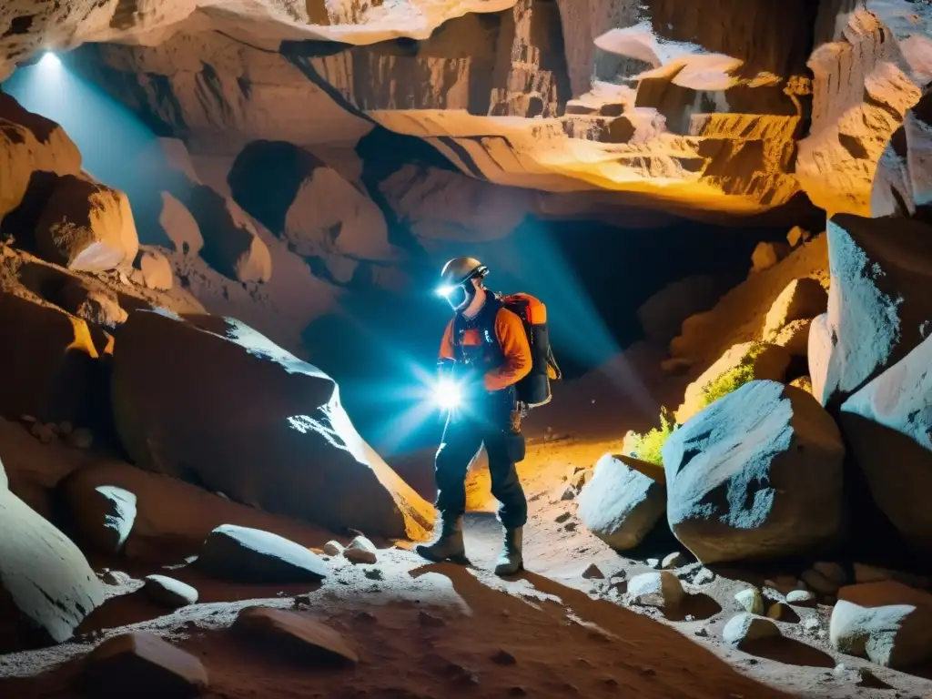 Explorador de cuevas maneja drone en formación para exploraciones subterráneas