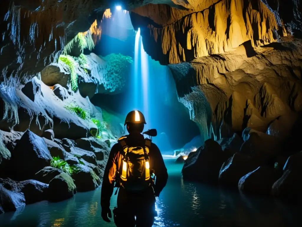 Explorador en cuevas de Waitomo con mochila de hidratación, iluminando formaciones de caliza