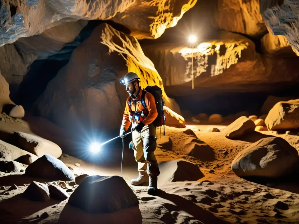 Explorador con dispositivos de navegación subterránea especializados, iluminando intrincadas formaciones rocosas en una cueva vasta y desafiante