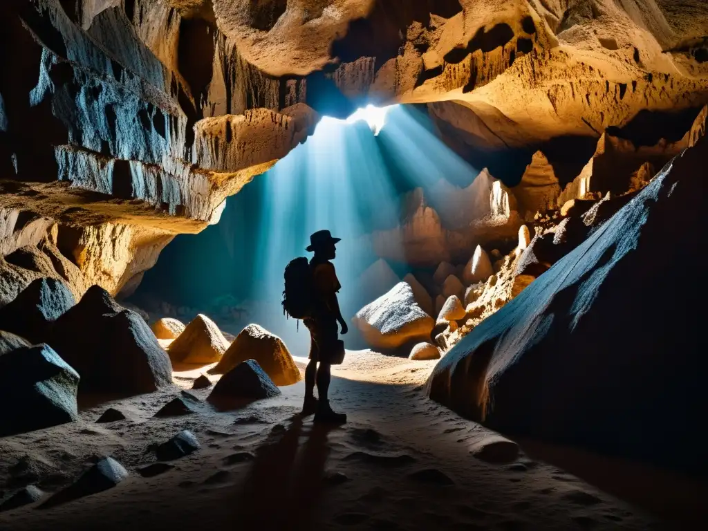 Explorador en la entrada de una misteriosa cueva, listo para la exploración de cuevas y cañones