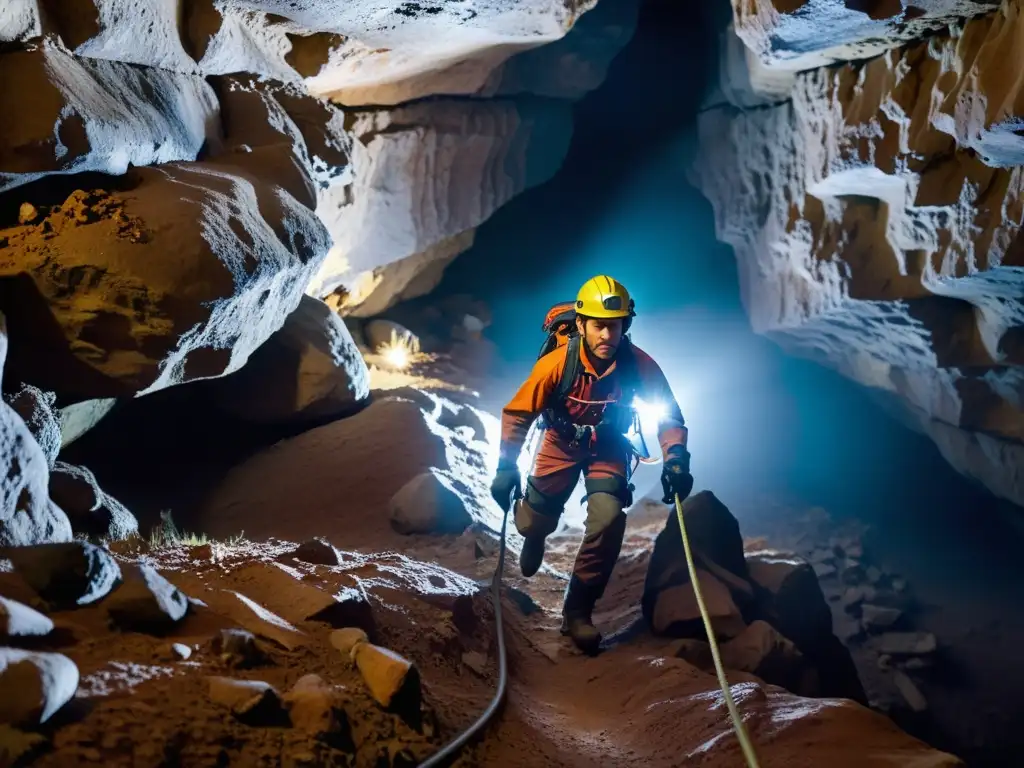 Explorador espeleológico en cueva subterránea con indumentaria especial y equipo de seguridad