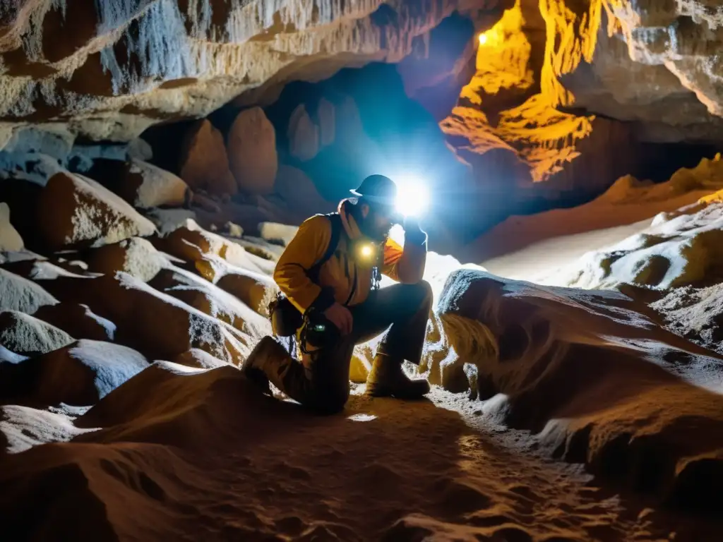 Explorador ajustando filtros fotográficos para exploración subterránea en una caverna iluminada por la luz de su lámpara de cabeza