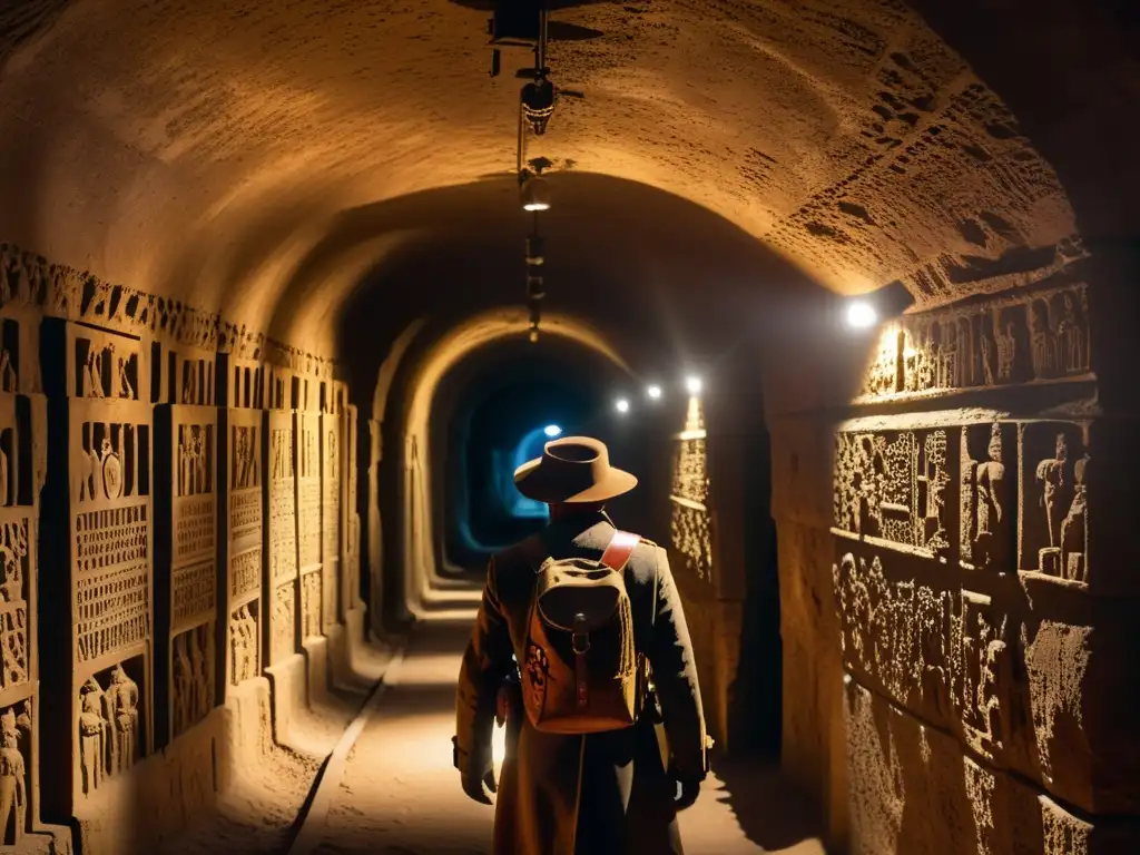 Explorador en túnel histórico iluminado por antorchas, examinando mapa antiguo, misterio y aventura en la sombra