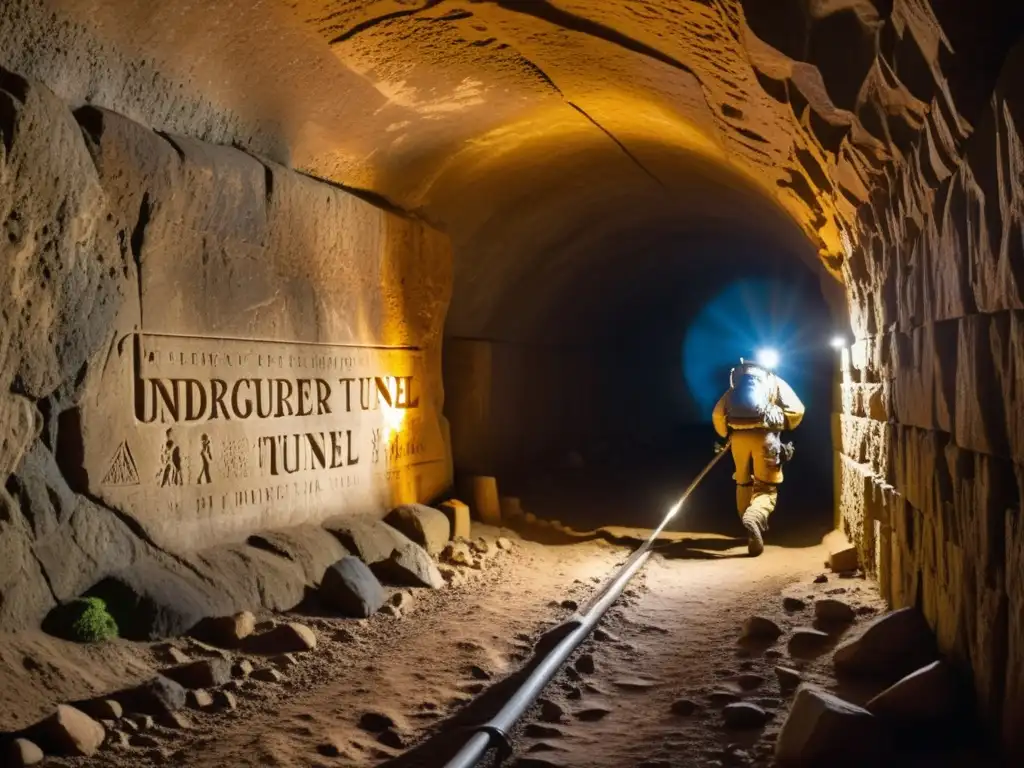 Explorador iluminado por antorchas en un túnel histórico, descubriendo artefactos antiguos