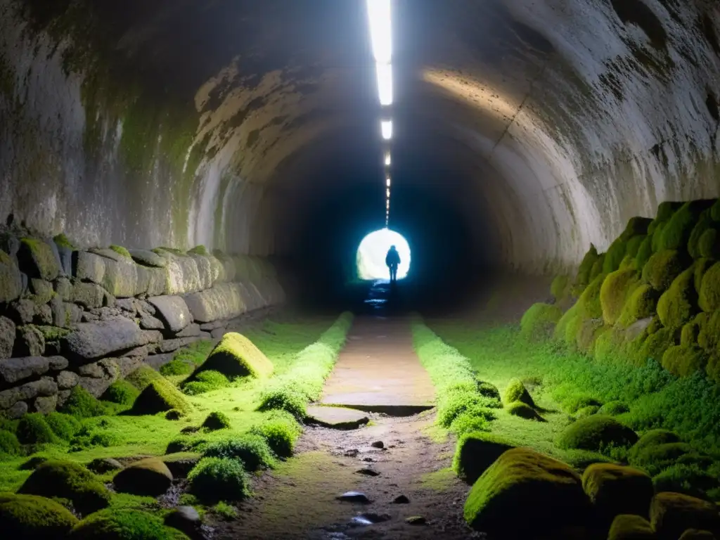 Explorador en túnel subterráneo iluminado, crea impacto psicológico al descubrir historia entre las sombras