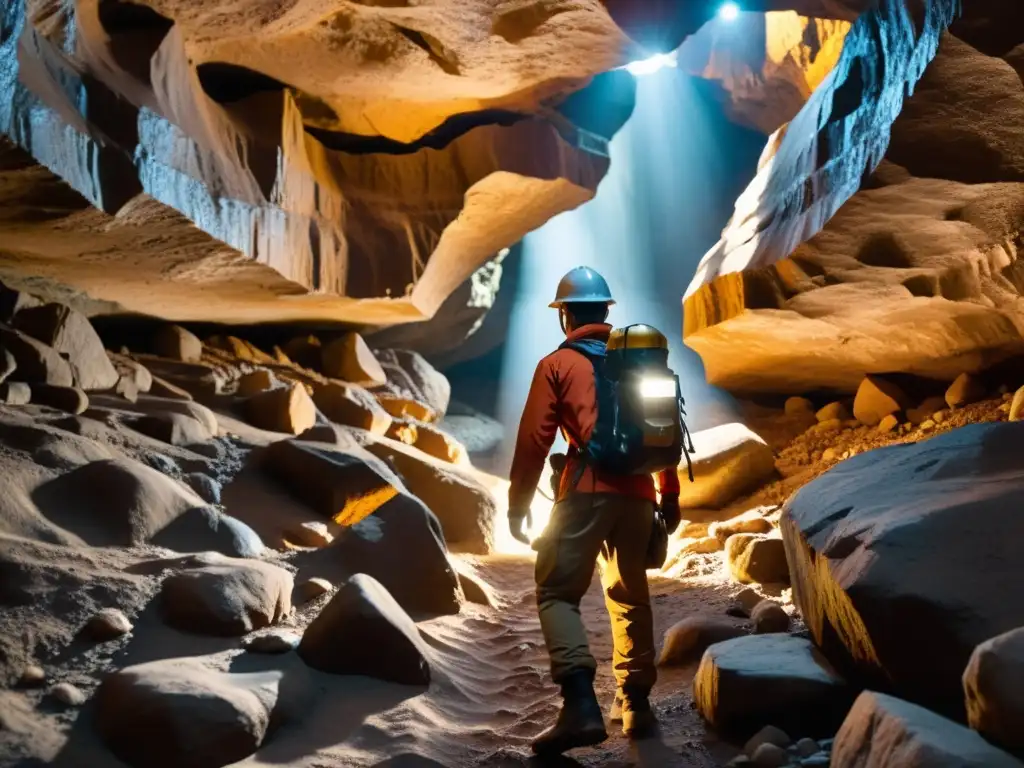 Explorador iluminado por linterna en cueva subterránea con formaciones rocosas